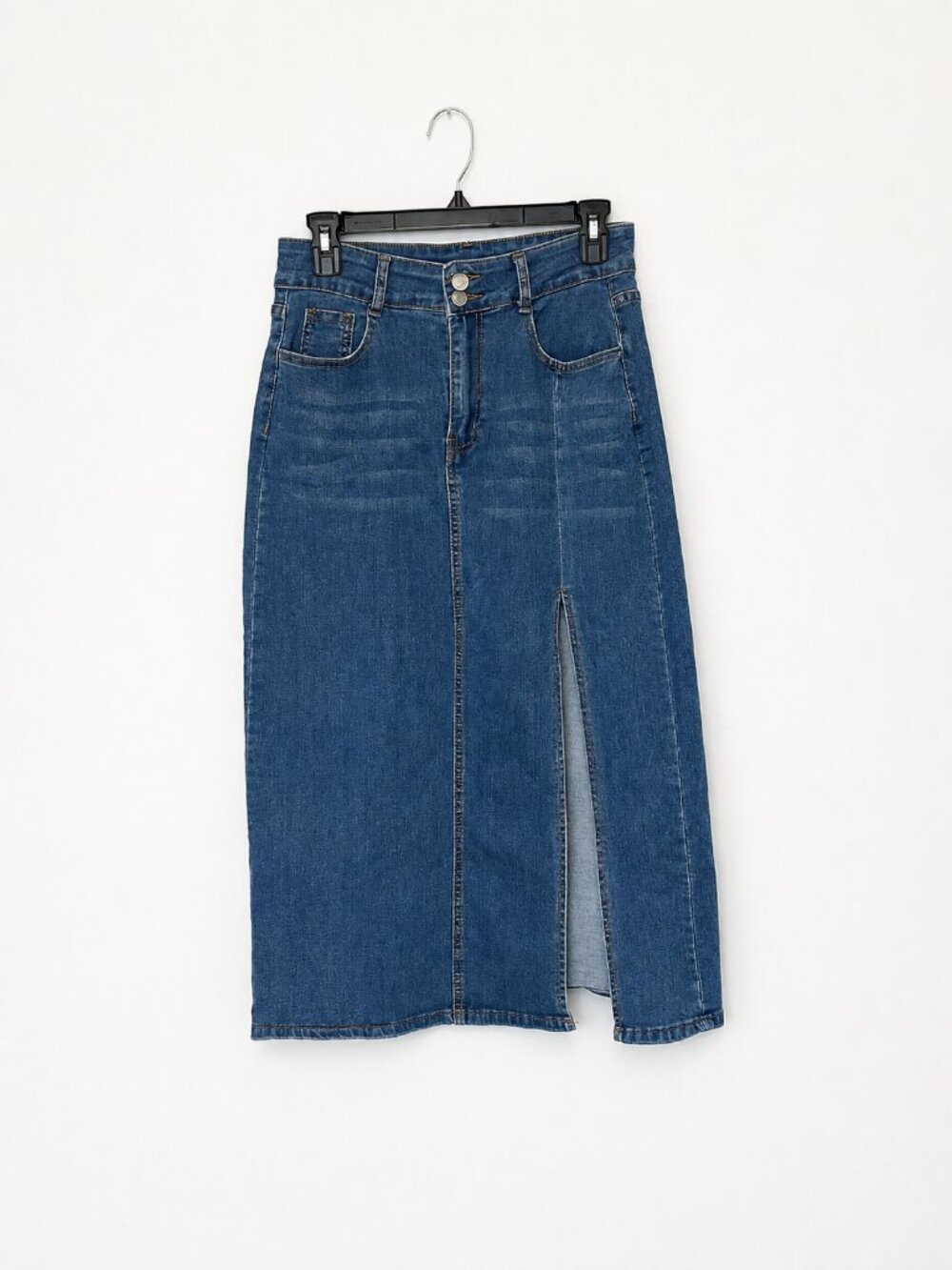 Stretch Denim Blue Ankle Length Skirt with Side Slit Women's Size Large